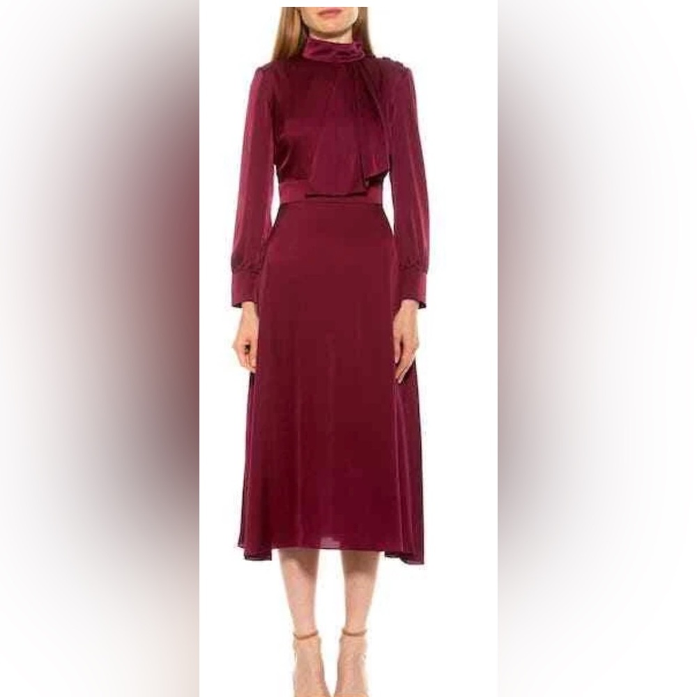 Alexia Admor Deep Burgundy/Cranberry Long Sleeve Silky Midi Dress.